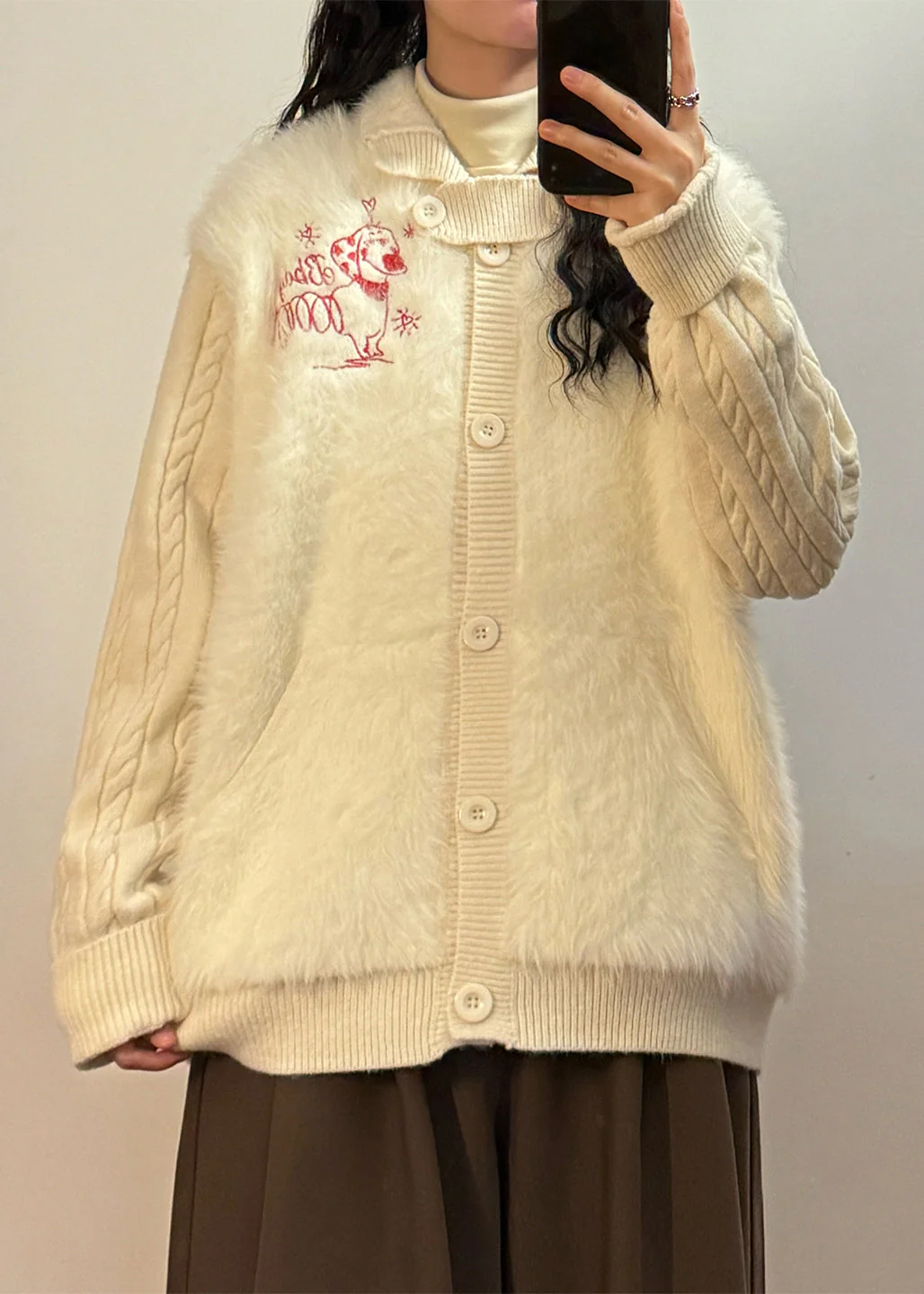 Loose White Button Fluffy Patchwork Knit Coats Winter - Image 2