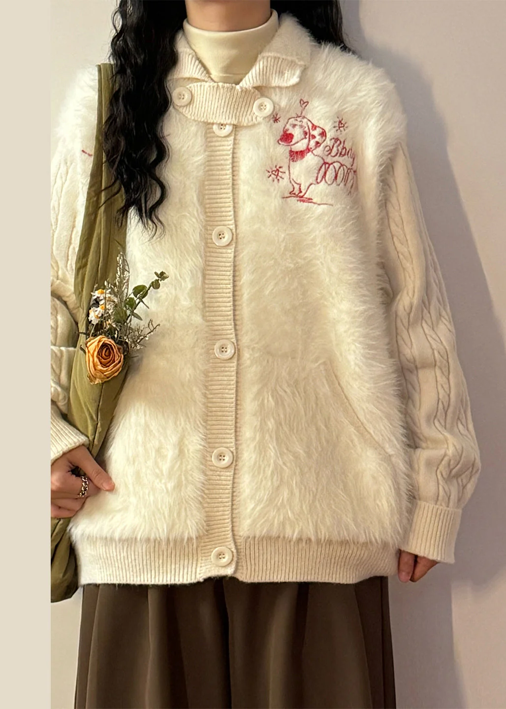 Loose White Button Fluffy Patchwork Knit Coats Winter - Image 3
