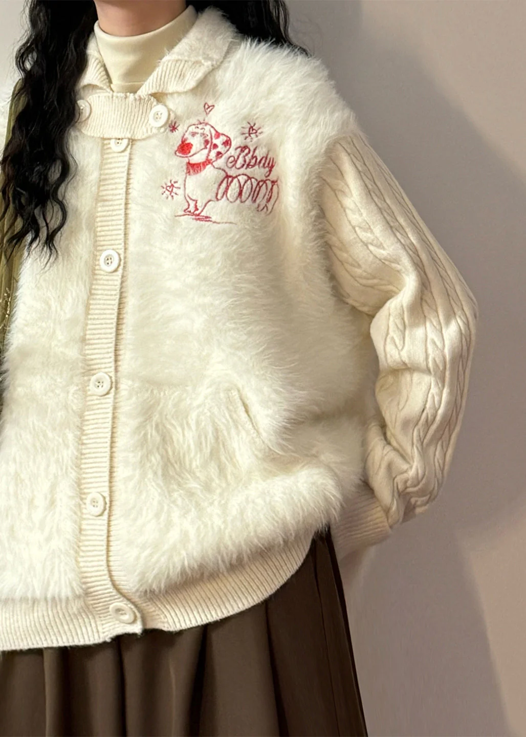 Loose White Button Fluffy Patchwork Knit Coats Winter - Image 4