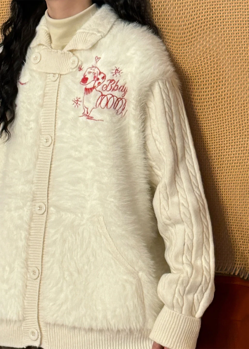 Loose White Button Fluffy Patchwork Knit Coats Winter - Image 5