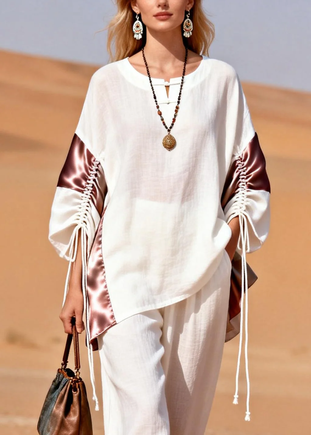 Loose White Button Lace Up Pockets Patchwork Linen Two Pieces Set Spring - Image 2