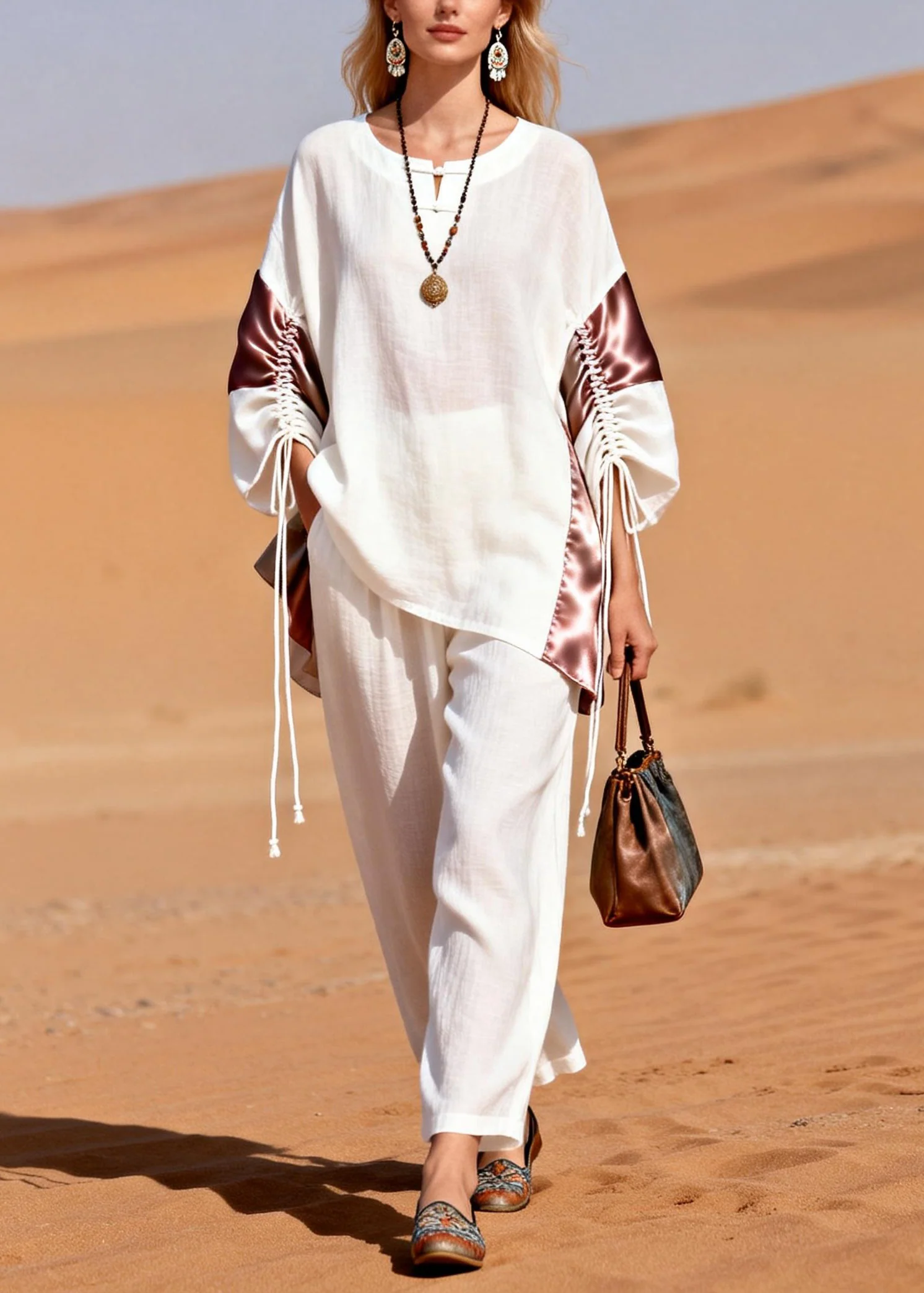 Loose White Button Lace Up Pockets Patchwork Linen Two Pieces Set Spring - Image 3