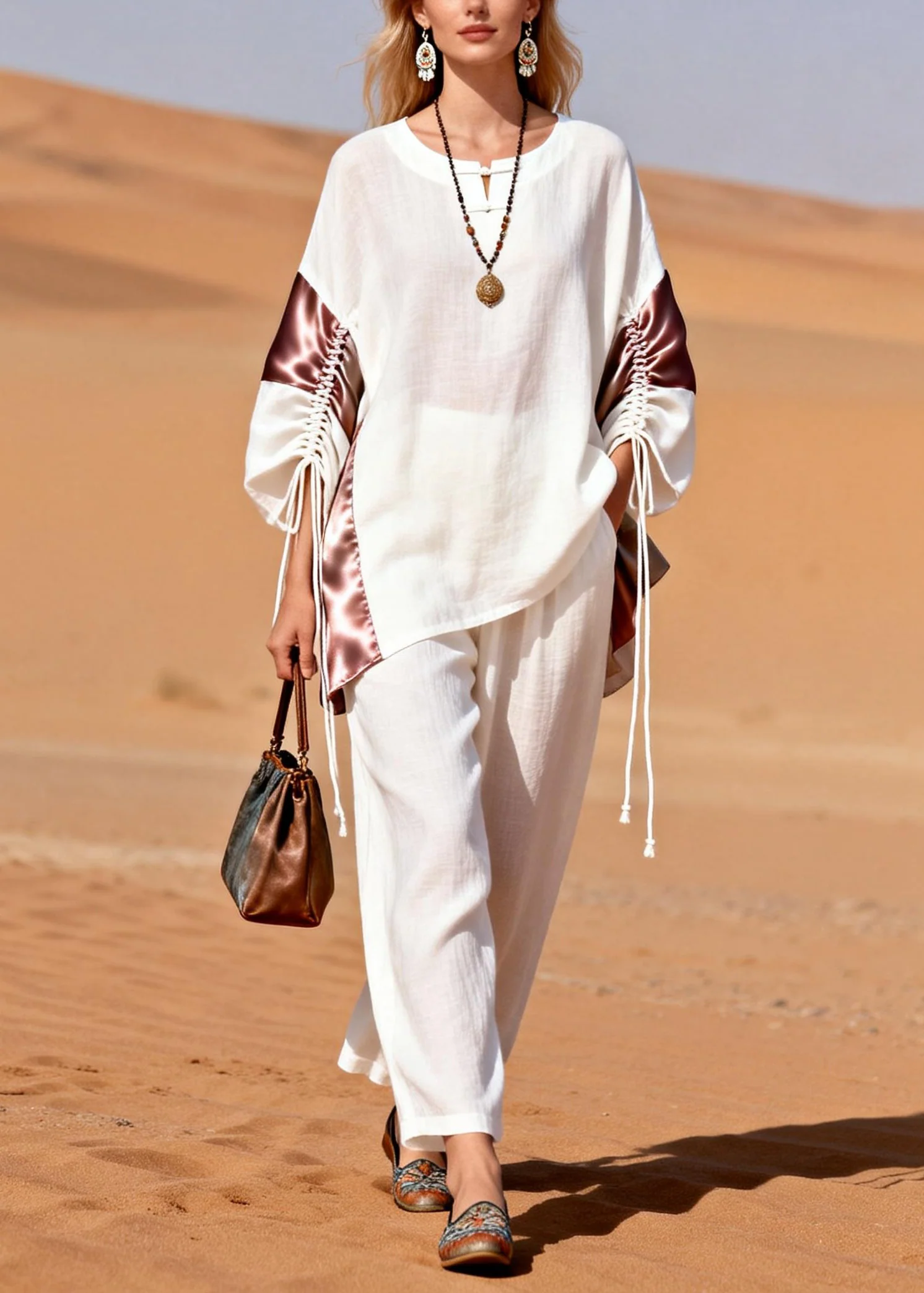 Loose White Button Lace Up Pockets Patchwork Linen Two Pieces Set Spring - Image 5