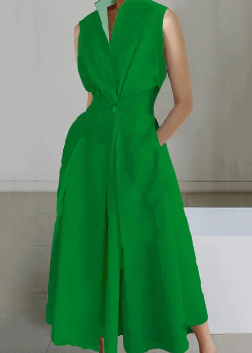 Loose White Button Pockets Solid Cotton Long Dress Sleeveless - Image 4