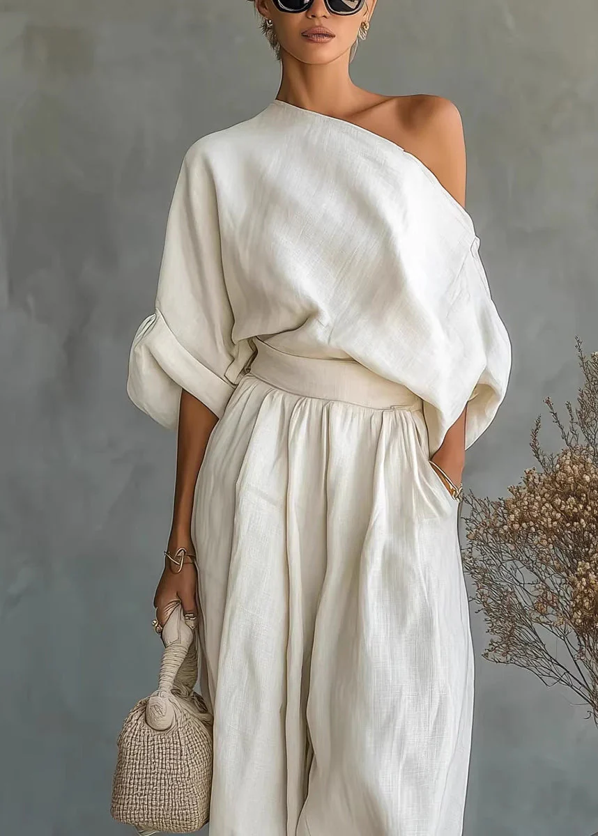 Loose White Cold Shoulder Linen Two Piece Set Women Clothing Summer - Image 2