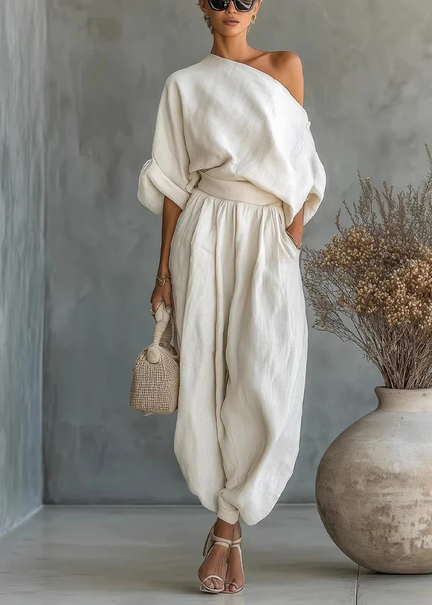 Loose White Cold Shoulder Linen Two Piece Set Women Clothing Summer - Image 3