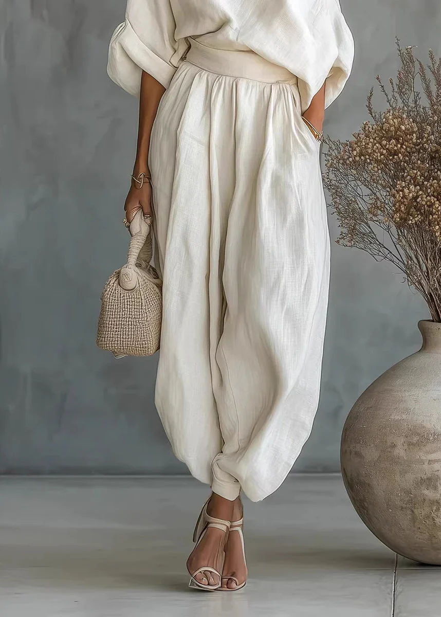 Loose White Cold Shoulder Linen Two Piece Set Women Clothing Summer - Image 4
