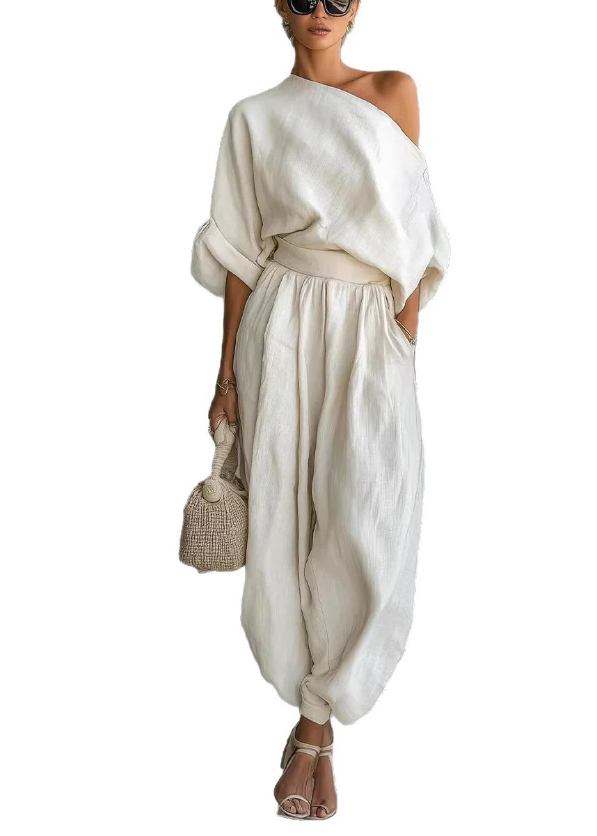 Loose White Cold Shoulder Linen Two Piece Set Women Clothing Summer - Image 5