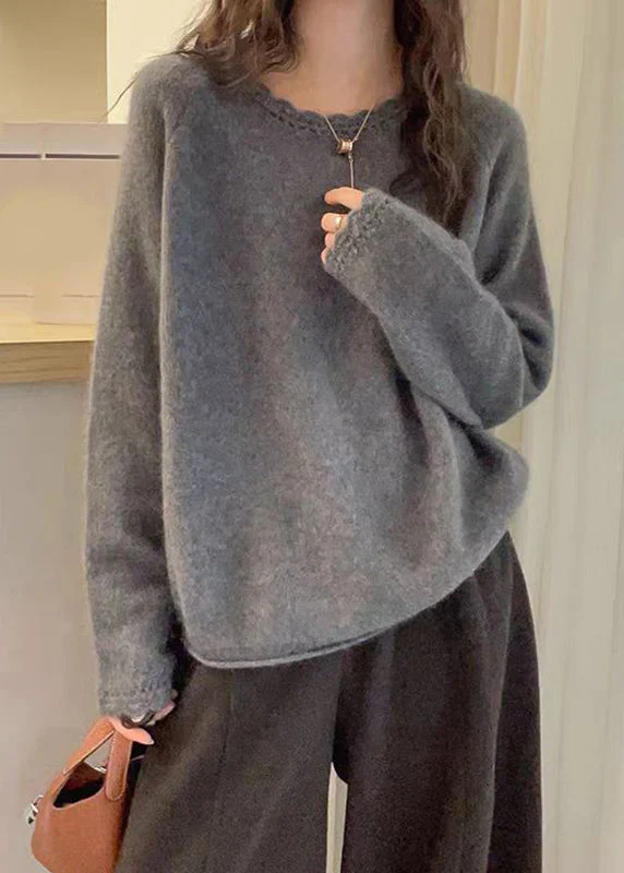Loose White Cotton Knit Sweater O-Neck Lace Patchwork Spring - Image 2