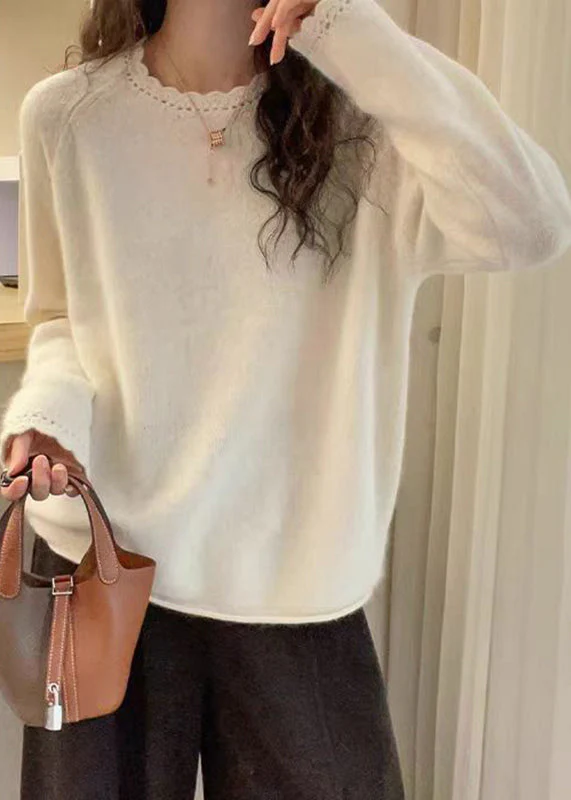 Loose White Cotton Knit Sweater O-Neck Lace Patchwork Spring - Image 3