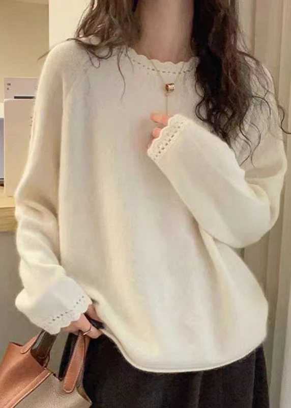 Loose White Cotton Knit Sweater O-Neck Lace Patchwork Spring - Image 4
