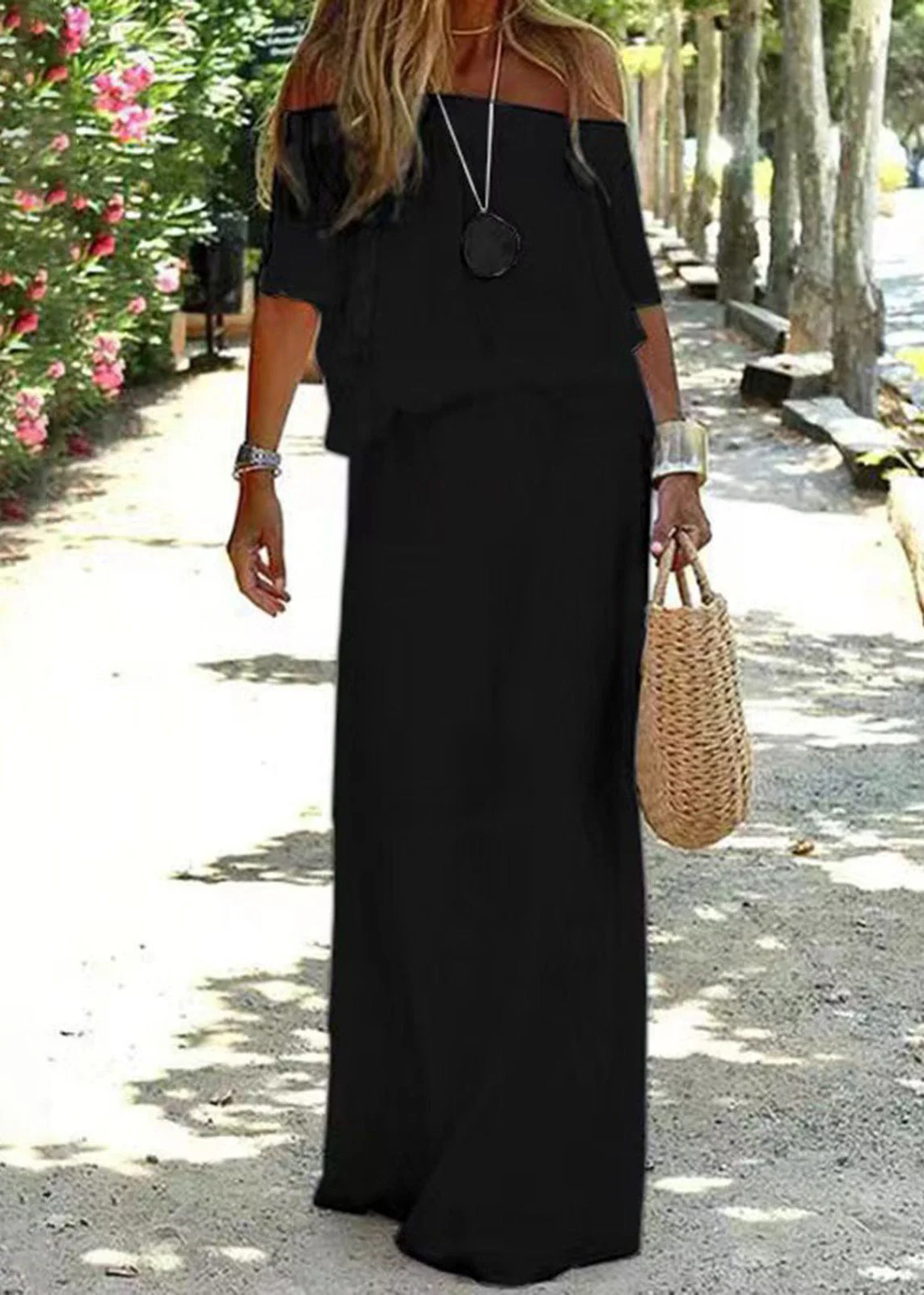 Loose White Elastic Waist Solid Cotton Maxi Dresses Slash Neck Summer - Image 4