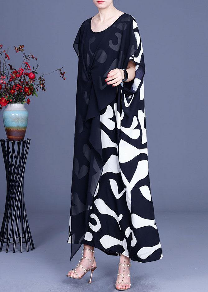 Loose White Elegant Print Patchwork Summer Silk Long Dresses - Image 3