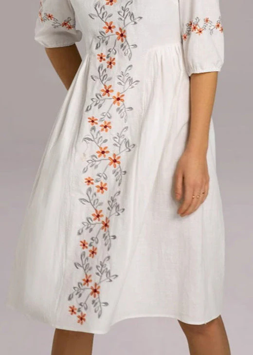 Loose White Embroidered Zippered Cotton Dresses Half Sleeve - Image 4