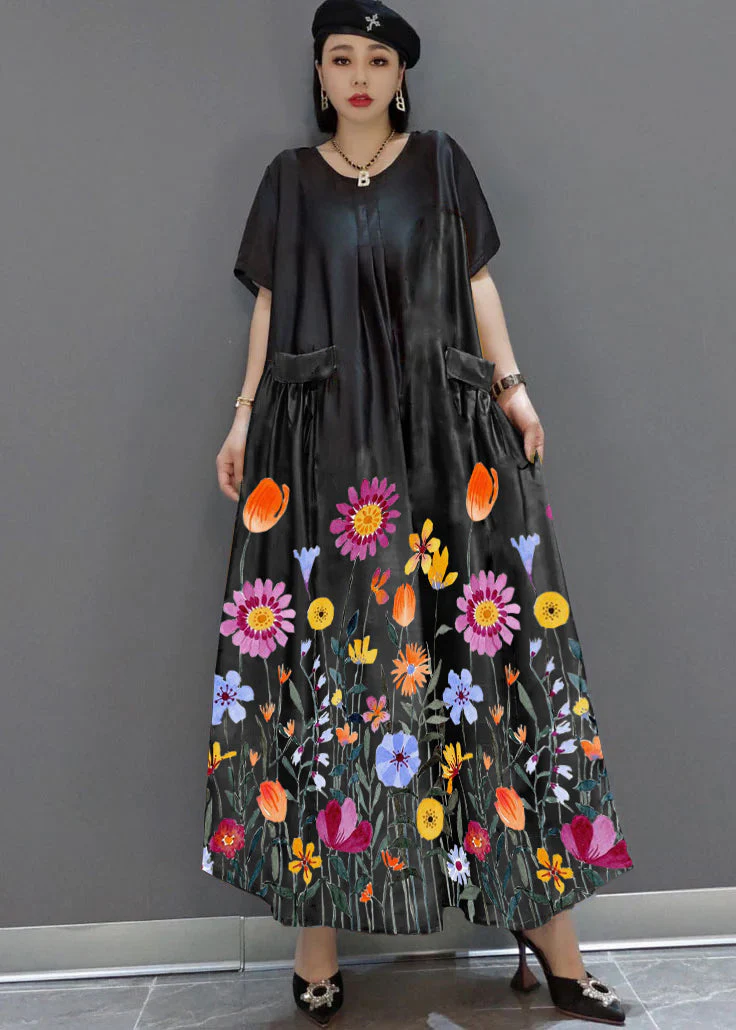 loose white -flower O-Neck Print Satin Maxi Dress Summer - Image 10