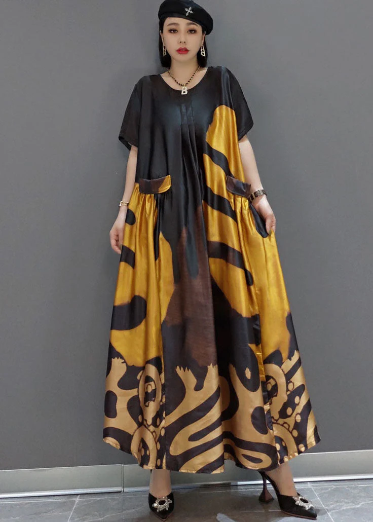 loose white -flower O-Neck Print Satin Maxi Dress Summer - Image 3