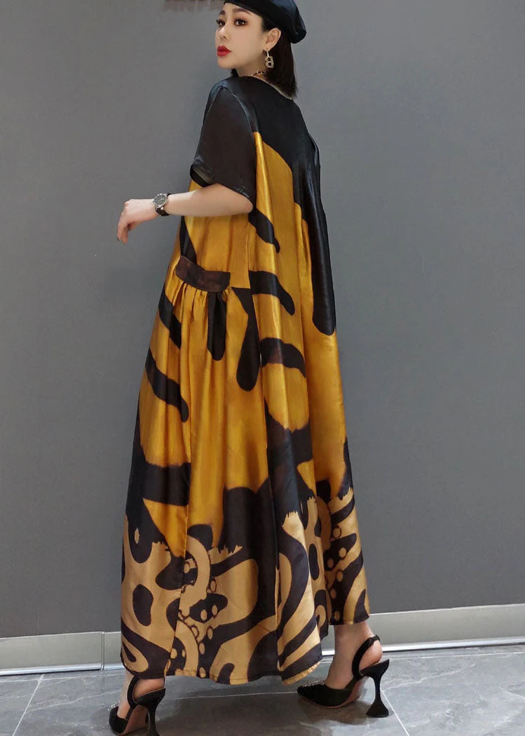 loose white -flower O-Neck Print Satin Maxi Dress Summer - Image 5