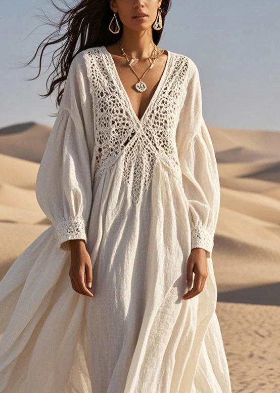 Loose White Lace Patchwork Cotton Holiday Dress Hollow Out Spring - Image 2