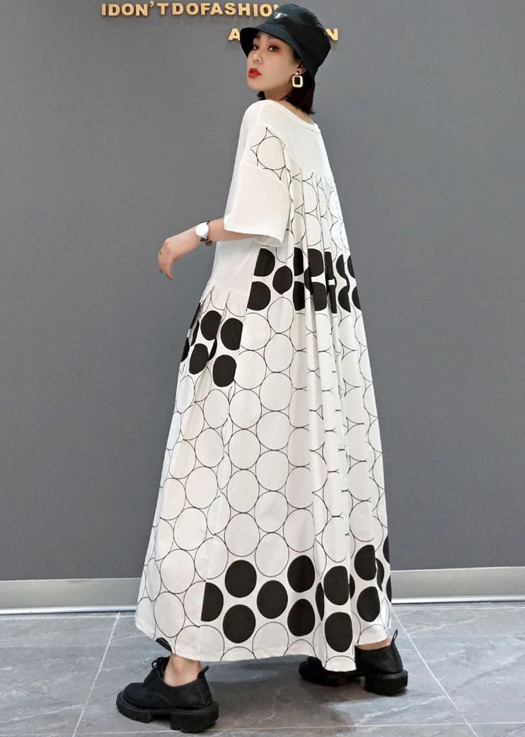 Loose White O-Neck Asymmetrical Patchwork Wrinkled Dot Cotton Vacation Dresses Short Sleeve - Image 3
