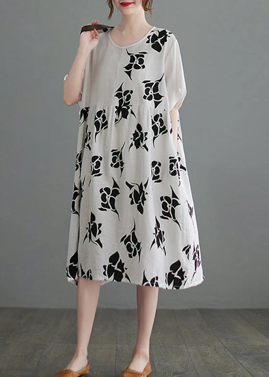Loose White O-Neck Cinched asymmetrical design Print Dresses Short Sleeve - Image 2