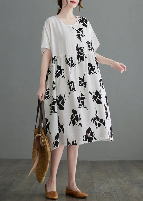 Loose White O-Neck Cinched asymmetrical design Print Dresses Short Sleeve - Image 3