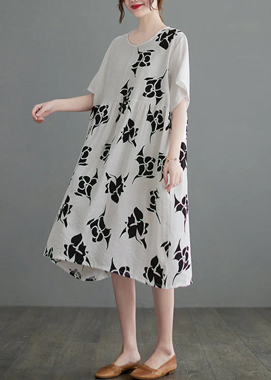 Loose White O-Neck Cinched asymmetrical design Print Dresses Short Sleeve - Image 4