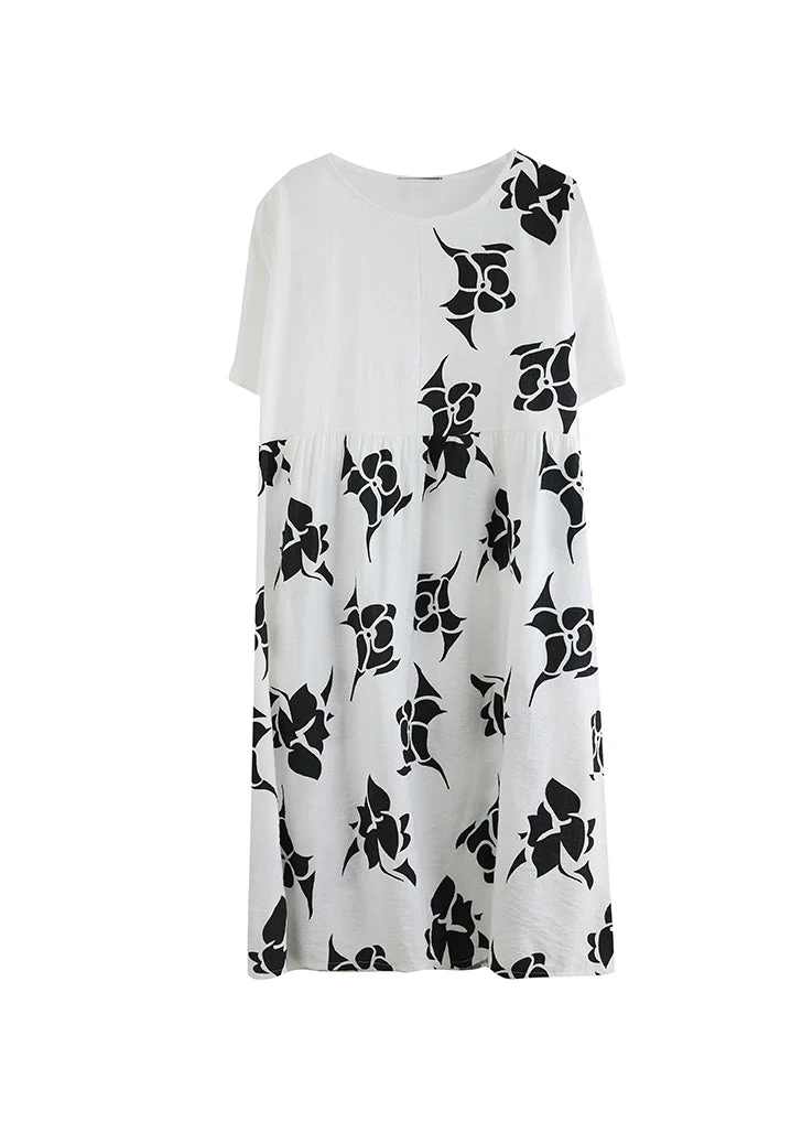 Loose White O-Neck Cinched asymmetrical design Print Dresses Short Sleeve - Image 5