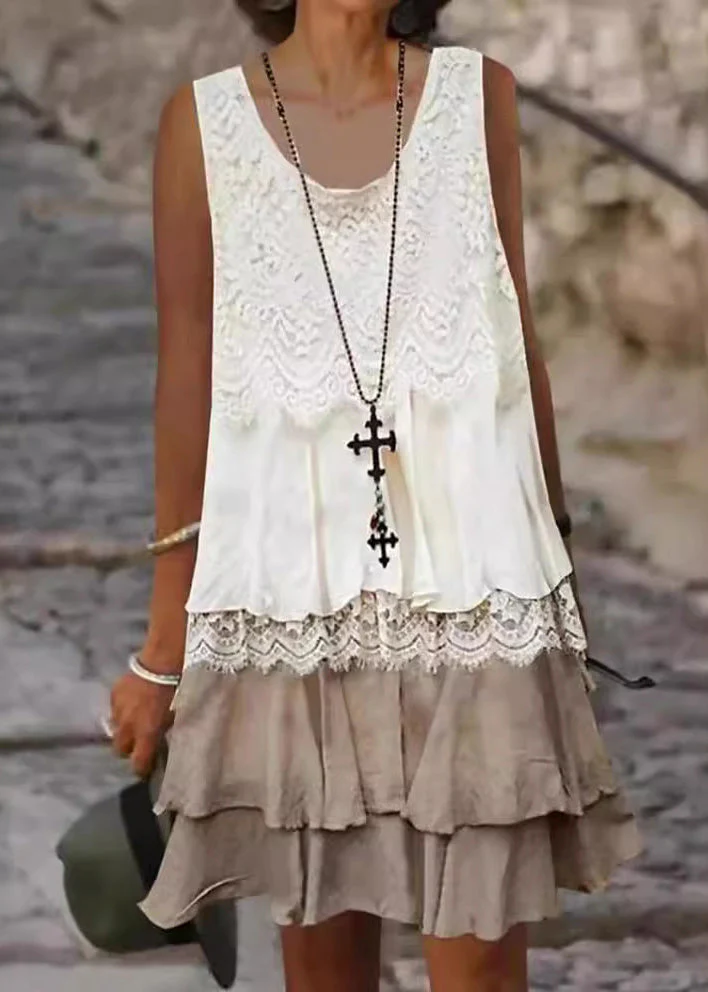 Loose White O-Neck Lace Patchwork Mid Dress Sleeveless - Image 4