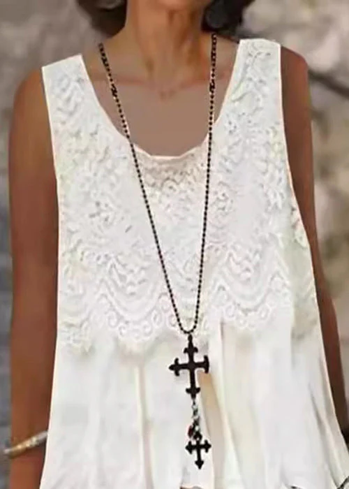 Loose White O-Neck Lace Patchwork Mid Dress Sleeveless - Image 5