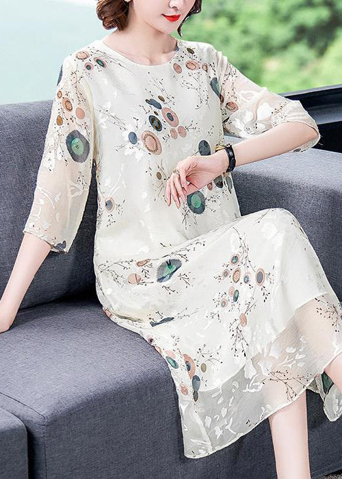 Loose White O-Neck Print Silk Holiday Dress Half Sleeve - Image 2