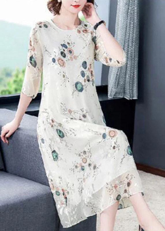 Loose White O-Neck Print Silk Holiday Dress Half Sleeve - Image 3