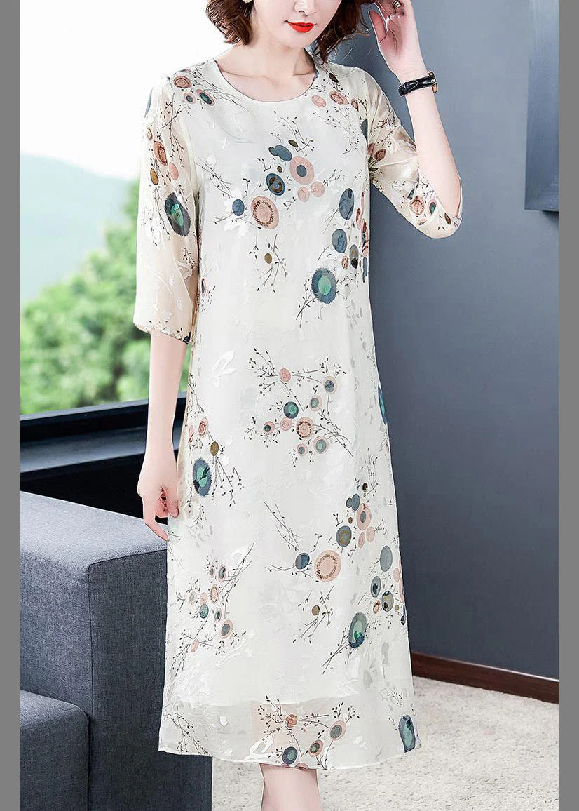 Loose White O-Neck Print Silk Holiday Dress Half Sleeve - Image 4