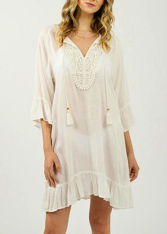 Loose White Patchwork Hollow Out flare sleeve Mini Dress Summer Cotton Dress - Image 2