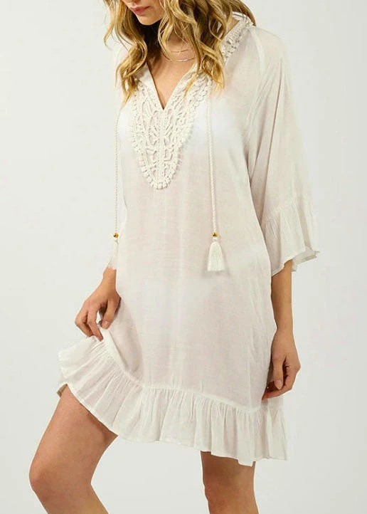 Loose White Patchwork Hollow Out flare sleeve Mini Dress Summer Cotton Dress - Image 3