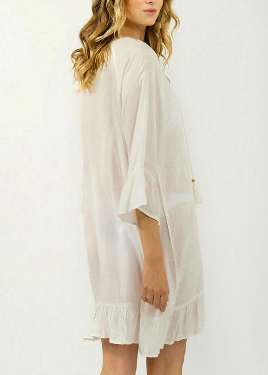 Loose White Patchwork Hollow Out flare sleeve Mini Dress Summer Cotton Dress - Image 4