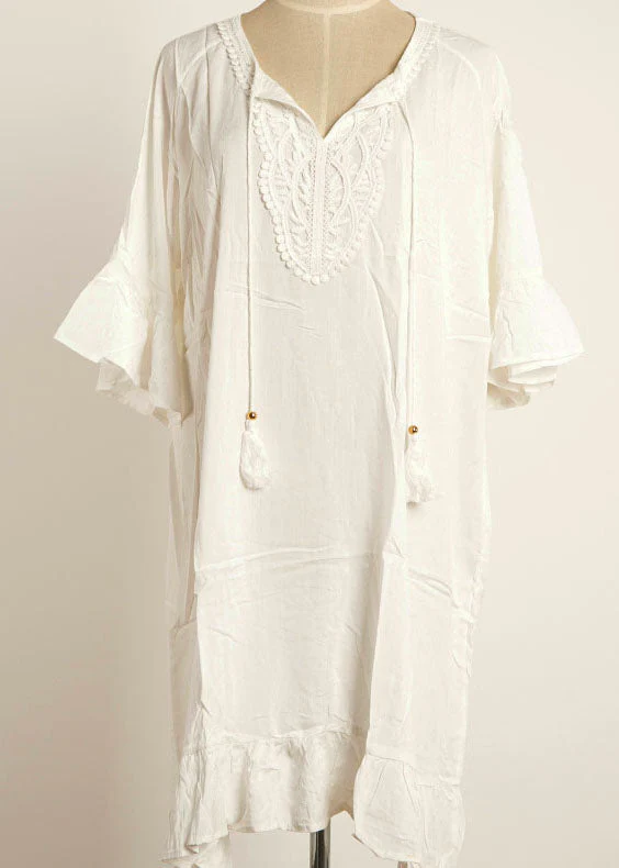 Loose White Patchwork Hollow Out flare sleeve Mini Dress Summer Cotton Dress - Image 5