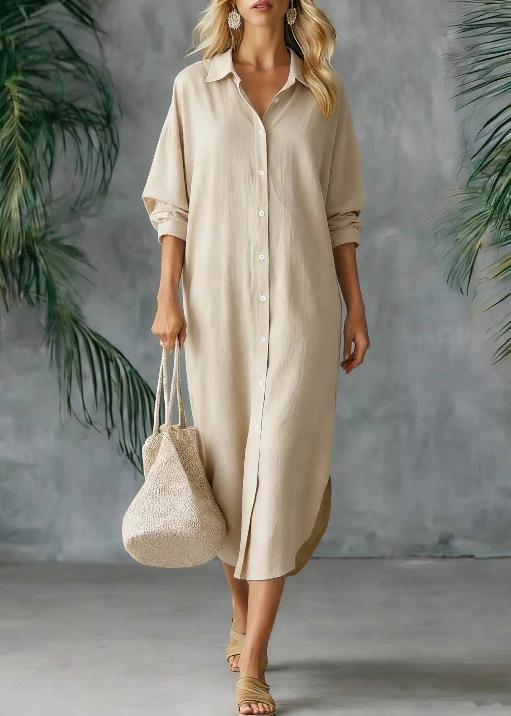 Loose White Peter Pan Collar Button Side Open Linen Shirts Dresses Spring - Image 2