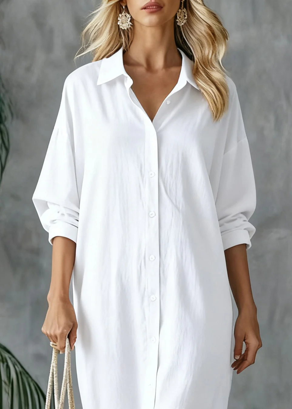Loose White Peter Pan Collar Button Side Open Linen Shirts Dresses Spring - Image 3
