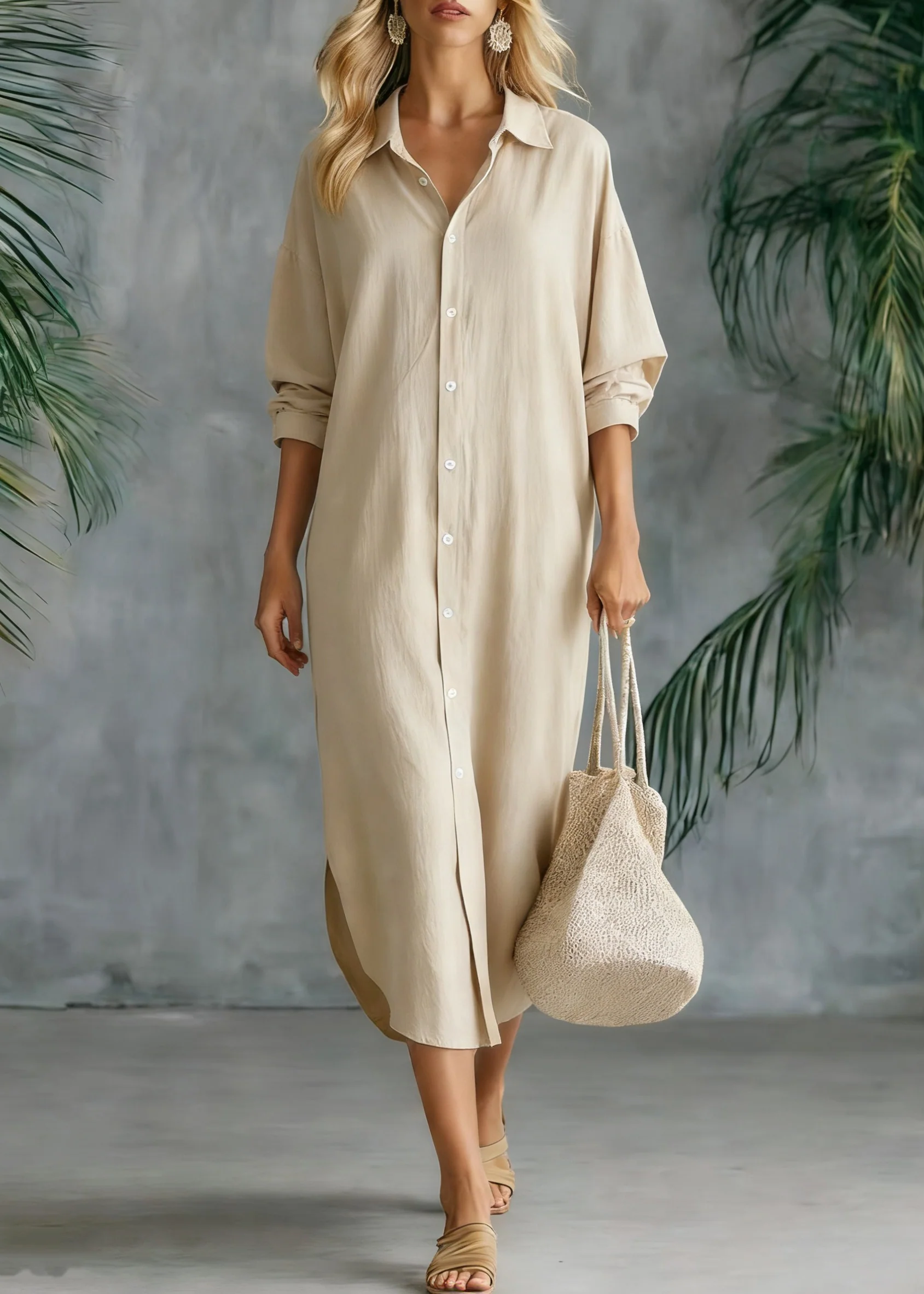 Loose White Peter Pan Collar Button Side Open Linen Shirts Dresses Spring - Image 4