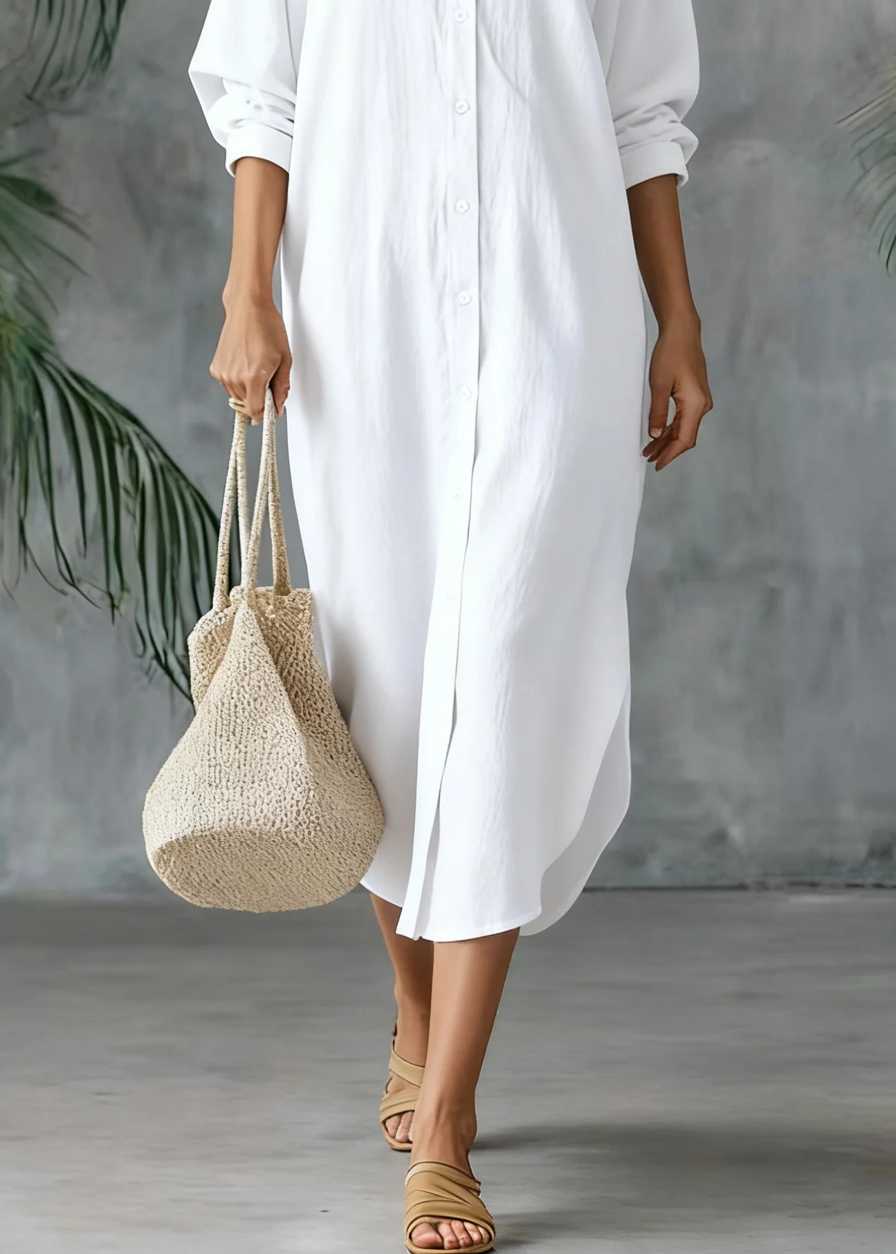 Loose White Peter Pan Collar Button Side Open Linen Shirts Dresses Spring - Image 5