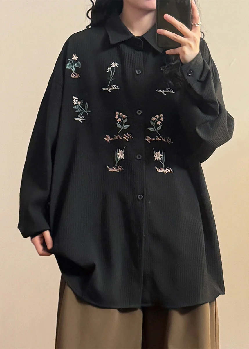 Loose White Peter Pan Collar Embroidered Button Cotton Shirts Spring - Image 3