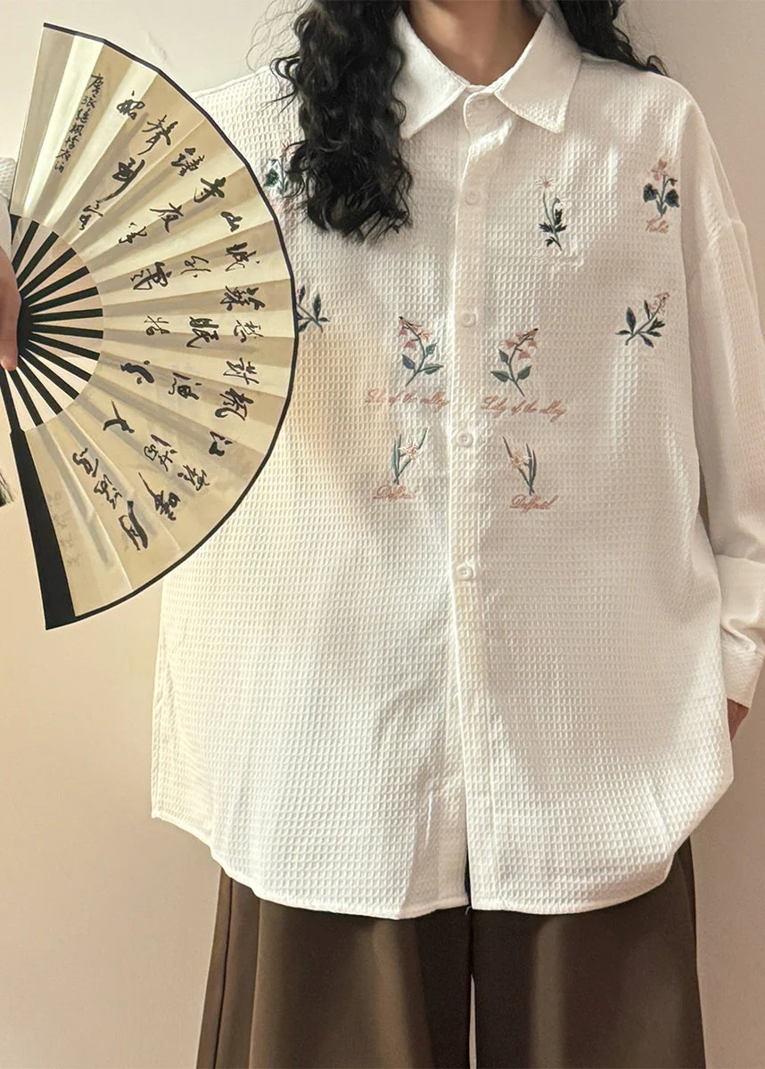Loose White Peter Pan Collar Embroidered Button Cotton Shirts Spring - Image 4