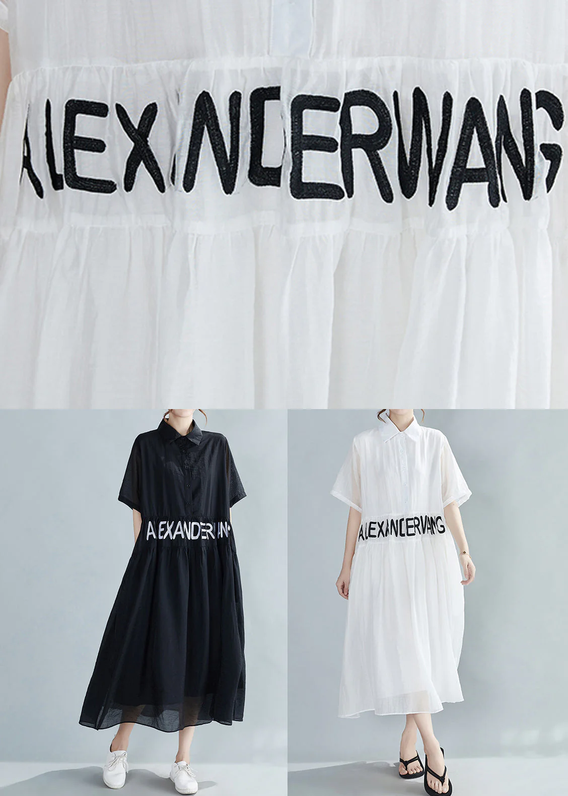 Loose White Peter Pan Collar Embroidered Silk Dresses Summer - Image 5