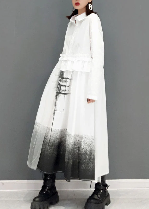 Loose White Peter Pan Collar print shirt Dresses Spring - Image 4