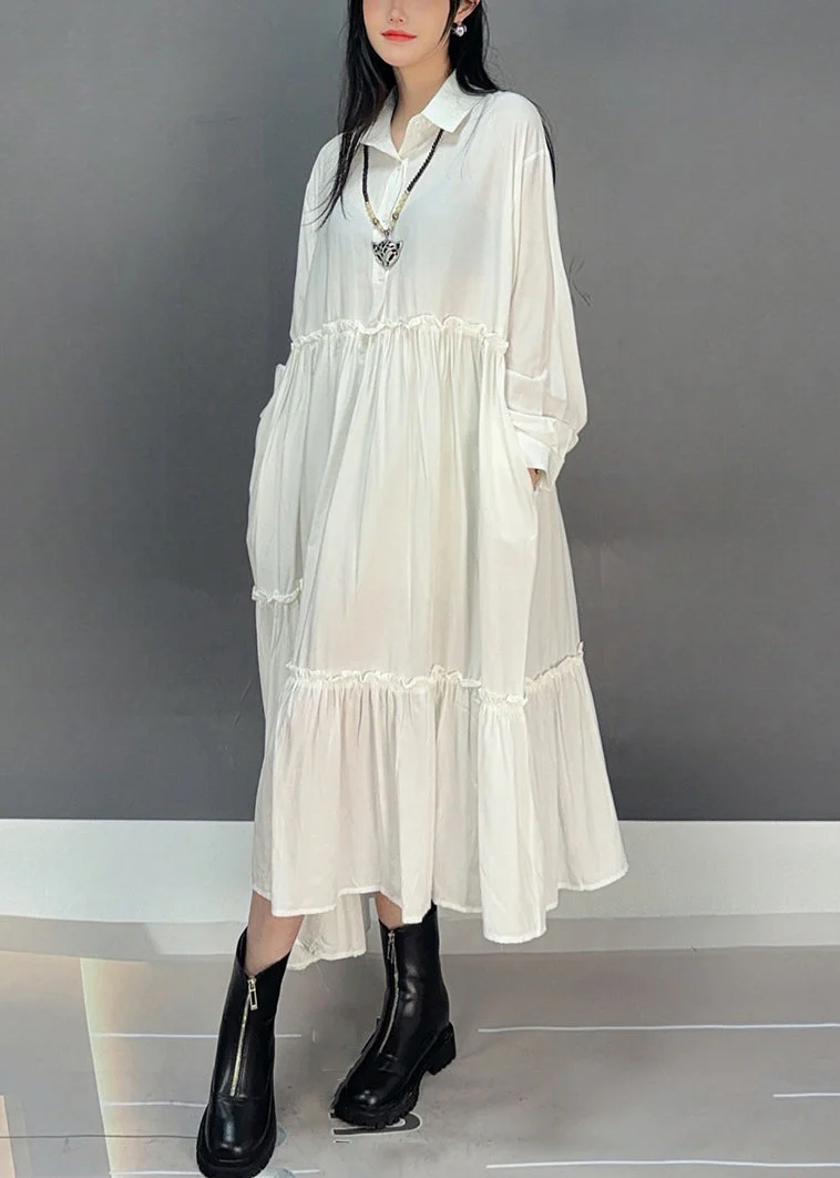 Loose White Peter Pan Collar Ruffled Cotton Dress Fall - Image 3