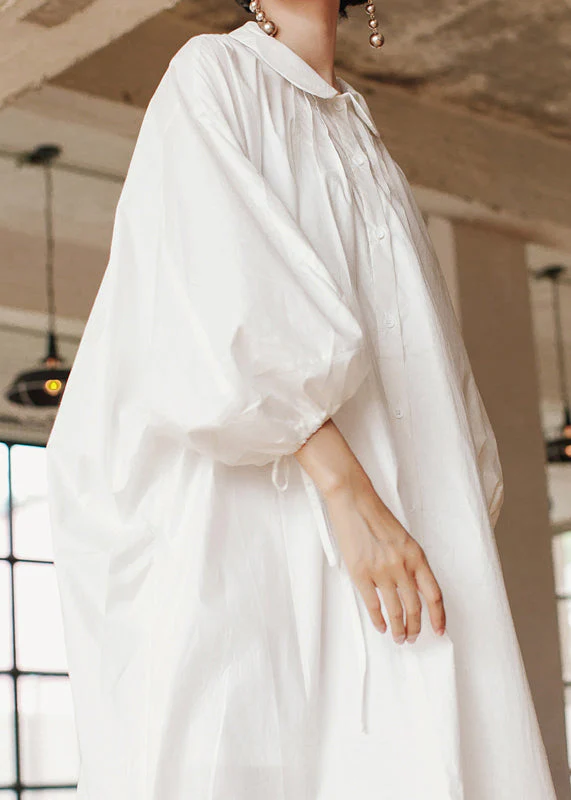 Loose White Peter Pan Collar Wrinkled Cotton Dresses Lantern Sleeve - Image 5