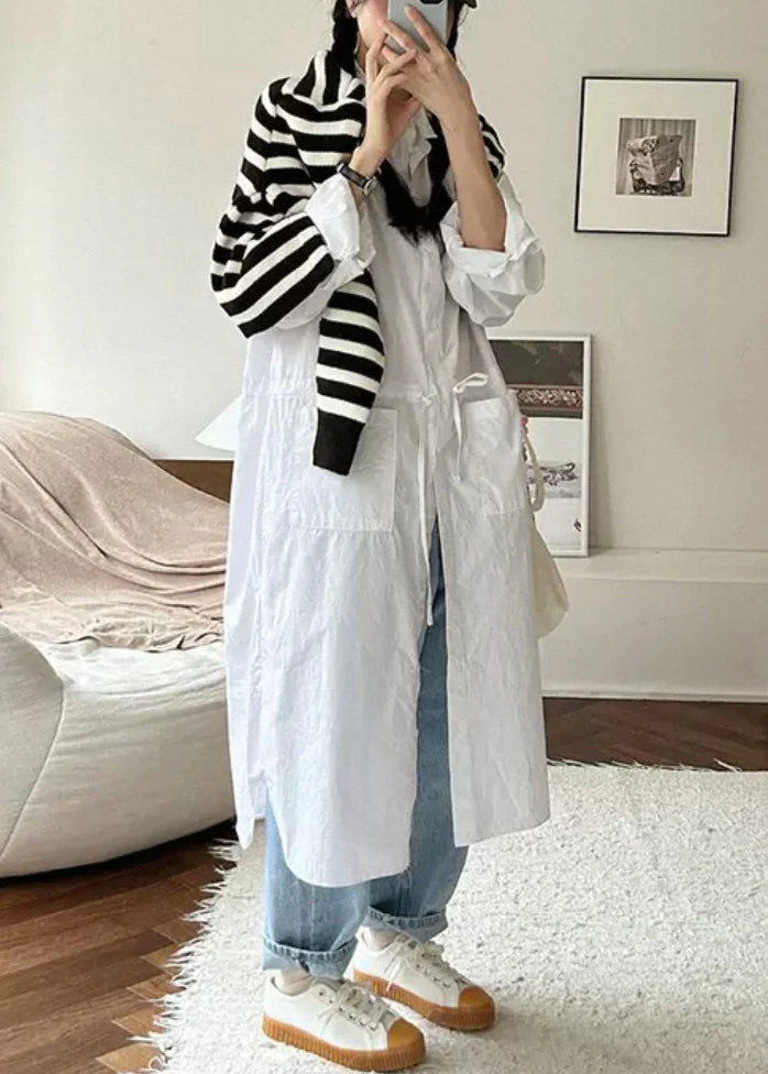 Loose White Pockets Cinched Cotton Shirts Dresses Fall - Image 4