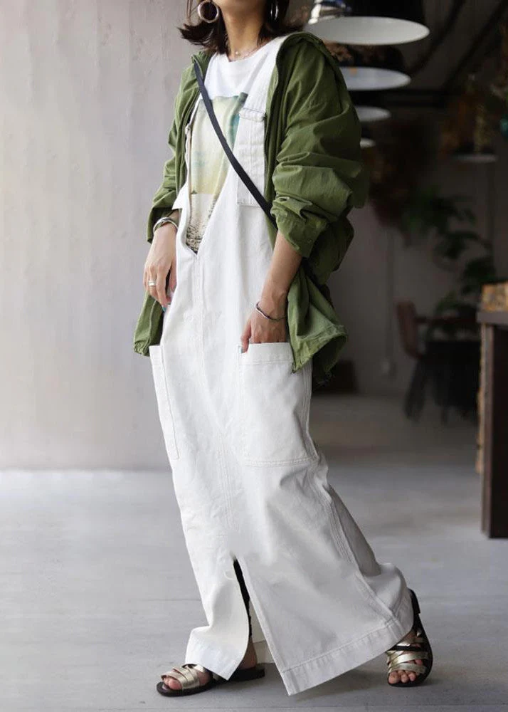 Loose White Pockets Side Open Cotton Cami Dress Summer - Image 3