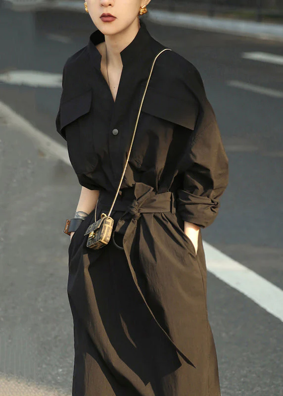 Loose White Pockets Tie Waist Side Open Cotton Blouses Dress Fall - Image 2
