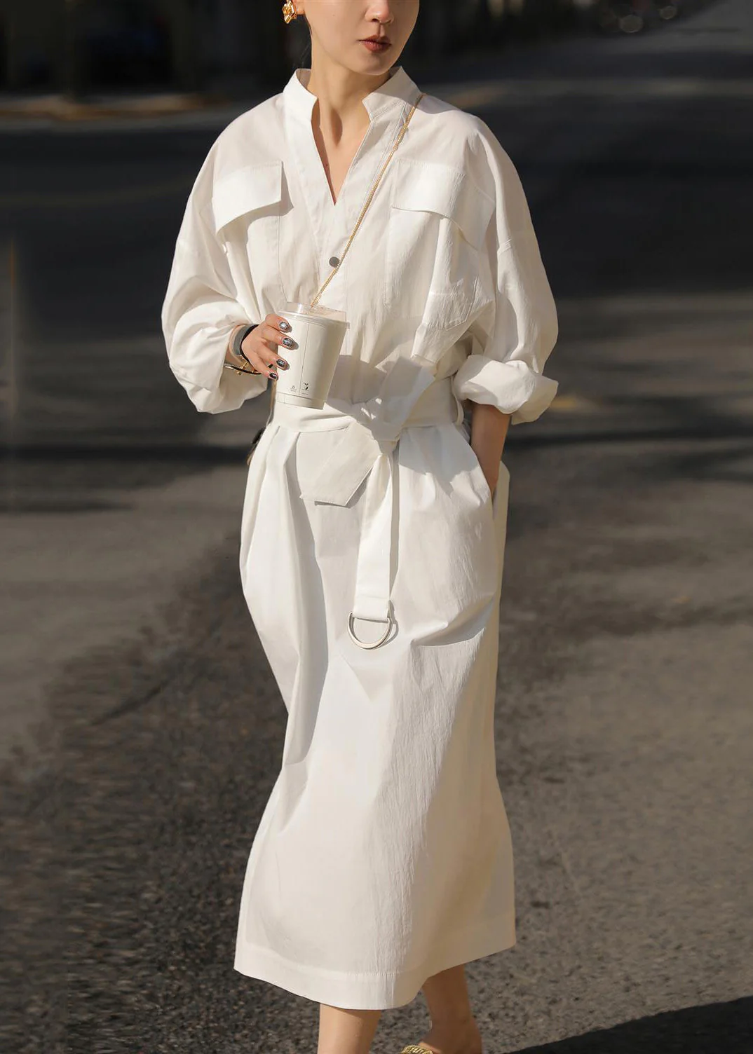 Loose White Pockets Tie Waist Side Open Cotton Blouses Dress Fall - Image 4